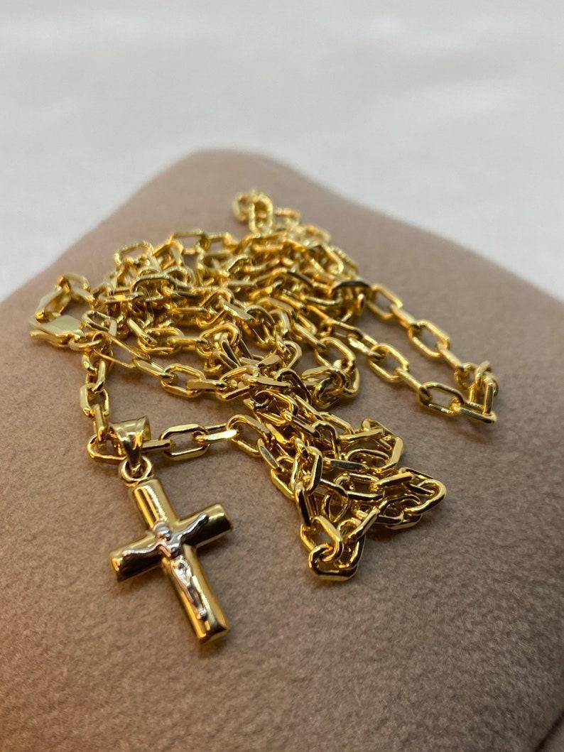 14k Gold Cross Necklace with Cable Chain: 23.5 inches, 3mm thickness