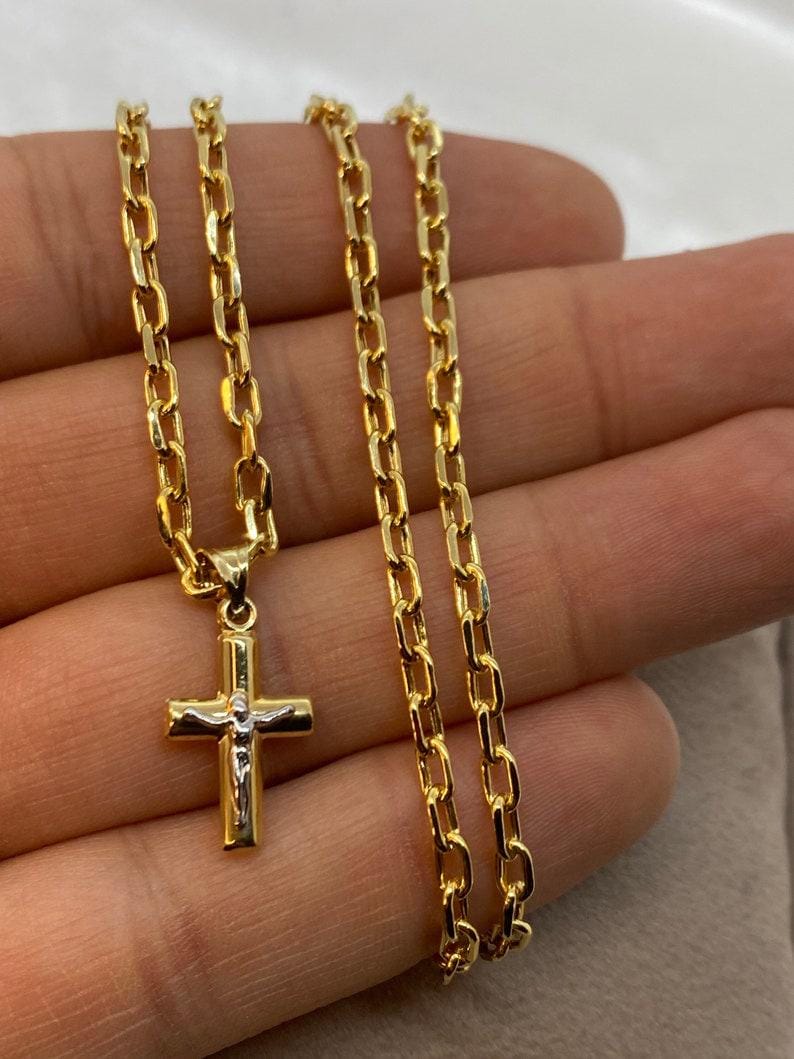 14k Gold Cross Necklace with Cable Chain: 23.5 inches, 3mm thickness