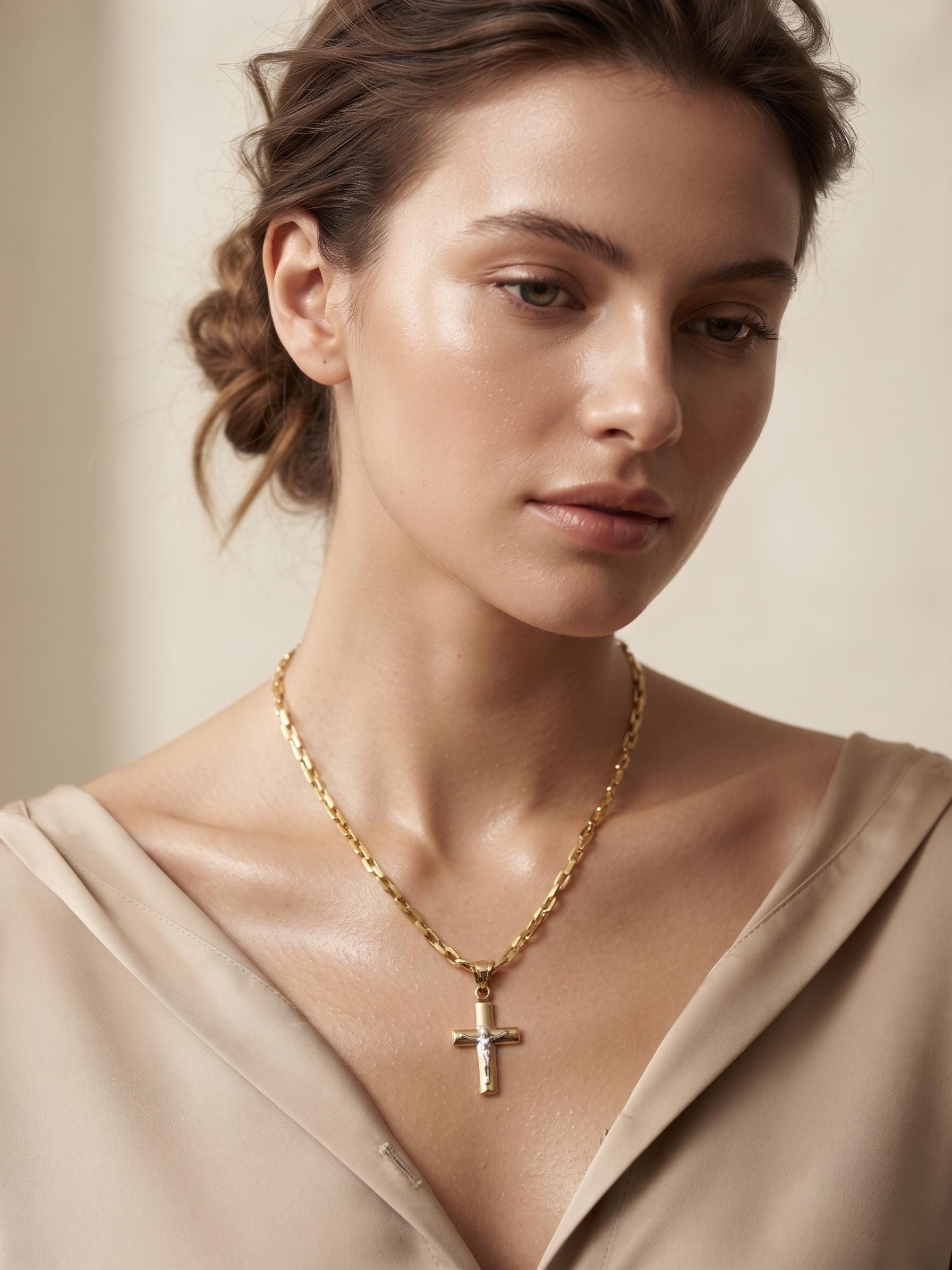 14k Gold Cross Necklace with Cable Chain: 23.5 inches, 3mm thickness